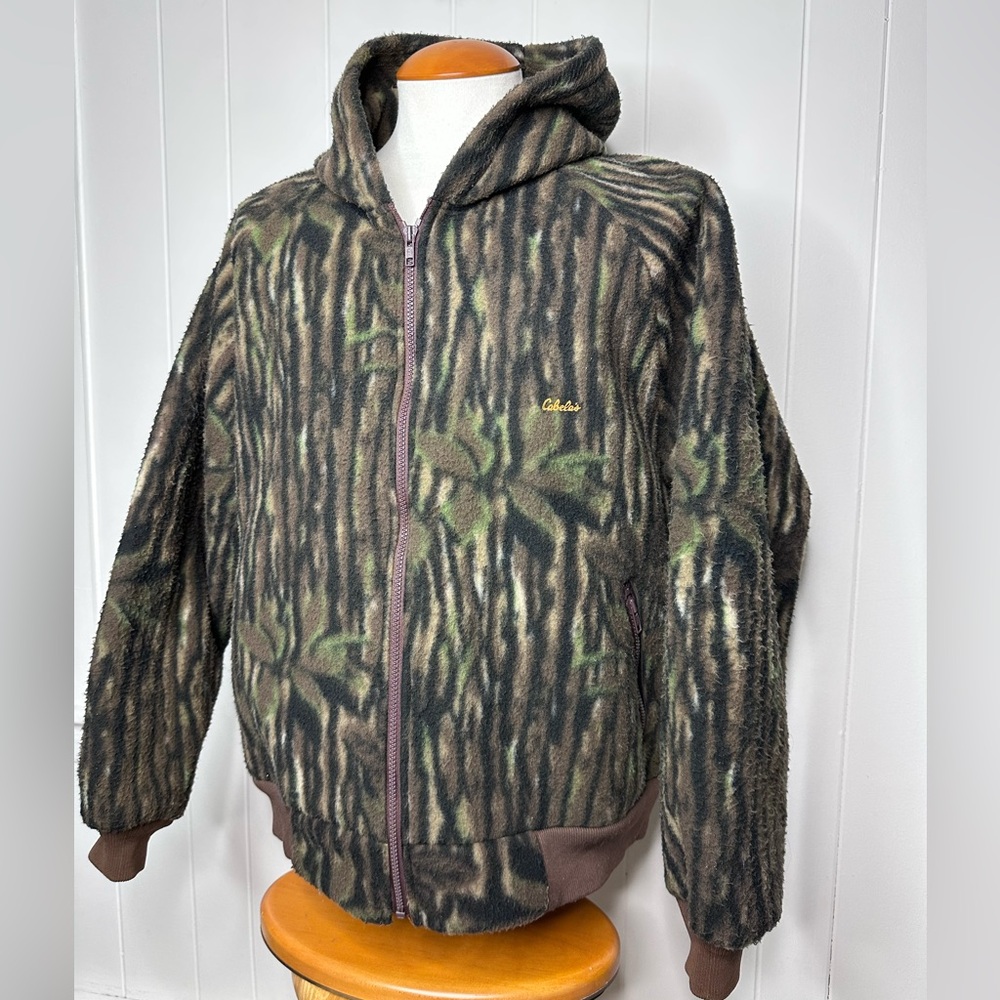 Vintage Cabelas 80’s Tree Bark Camo Full Zip Fleece Jacket w/ Hood - Picture 5 of 12